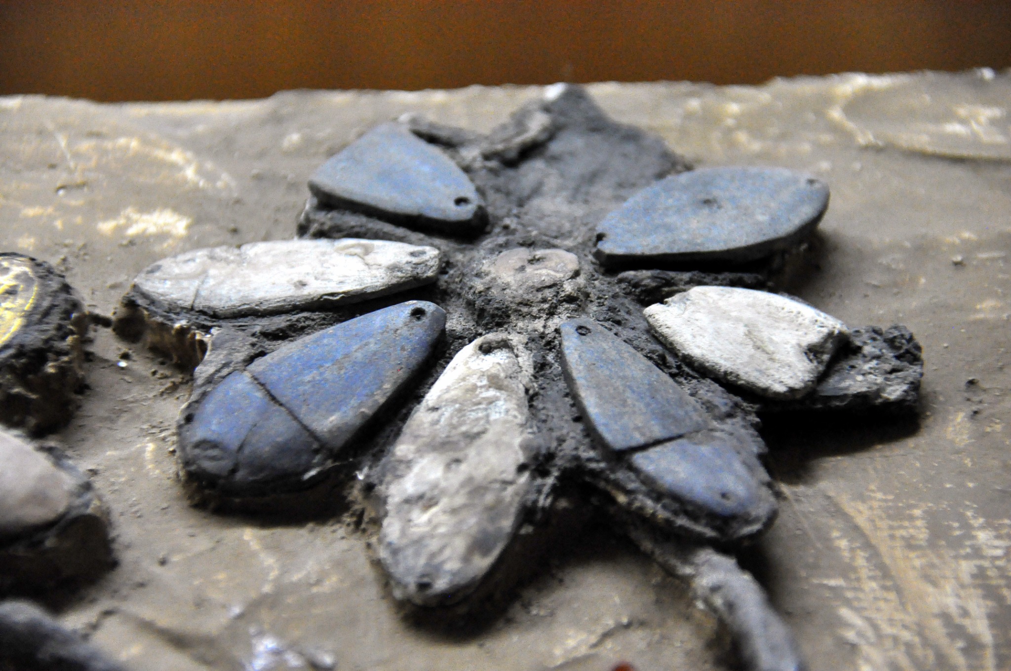 Gold, lapis lazuli, and shell headdress detail from an attendant buried in the Royal Cemetery of Ur.