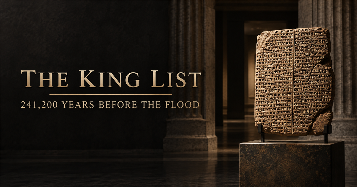 The King List — 241,200 Years Before the Flood, presented with a cuneiform tablet in a museum gallery.
